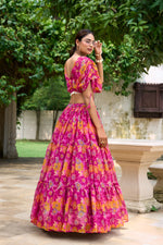 Load image into Gallery viewer, Gorgeous dark pink lehenga in chiffon with floral prints , Festive-ready dark pink lehenga with pearl blouse combo , Designer chiffon lehenga in dark pink with stunning flair , Soft chiffon dark pink lehenga with stitched blouse - Shop Now at Shoppers Trend
