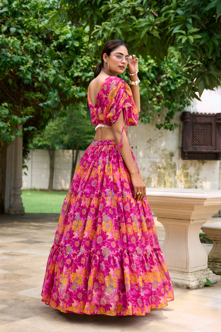 Gorgeous dark pink lehenga in chiffon with floral prints , Festive-ready dark pink lehenga with pearl blouse combo , Designer chiffon lehenga in dark pink with stunning flair , Soft chiffon dark pink lehenga with stitched blouse - Shop Now at Shoppers Trend