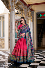 Load image into Gallery viewer, Dark pink lehenga set in tussar silk with foil print , Gorgeous dark pink lehenga with tassel dupatta , Party-wear dark pink lehenga under ₹1999 , Embellished foil work dark pink lehenga choli . 
