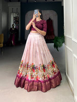 Load image into Gallery viewer, Dark Pink Cotton Silk Dhavani Set | Half-Saree and Davani Set With Price and Online Shopping Price Under 2000 . This Fabric Silk and Smooth Softness Fabric and THis Fabric Lehenga Floral Print With Zari Border Working and Flowers Designs Created . this fabric Stitched With Canvas Stitcheing Work...

