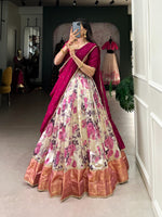 Load image into Gallery viewer, Dark Pink Dola Silk Dhavani Set , Langa Voni and Half-Saree With Price and Online Shopping Price Under 2000 . Celebrate tradition with this Dola Silk Lehenga Set featuring floral prints, zari weaving, and lace touch-ups. Paired with a stitched Vichitra silk blouse and a matching dupatta, it&#39;s ideal for weddings and special events . 
