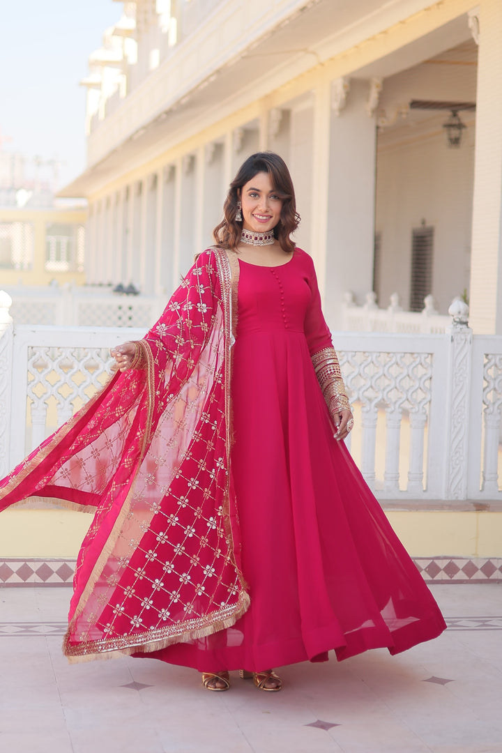 Dark Pink Faux Blooming Anarkali , Embroidery Zari Sequins-work
With price and Online Shopping Price Under 1500 . Luxurious faux blooming gown with zari sequins embroidery, a fancy Round neck, and full sleeves. Comes with a 2.30 meter sequins lace dupatta. Ideal for any occasion. Traditional Look For 2024 , 2025-26 . 