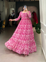 Load image into Gallery viewer, Dark Pink Georgette Gown With Price and Online Shopping Price Under 1000 . Step out in style with this elegant Georgette Printed Gown. Featuring a flattering fit, cotton lining for comfort, and extra margin for size adjustments, it&#39;s perfect for festive or casual occasions . 
