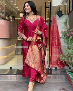 Load image into Gallery viewer, Dark Pink Heavy Banana Chanderi Silk Kurti With Price and Best for Wedding Price Under 2000 . Make a statement with this Heavy Banana Chanderi Silk Kurti Set in Size S. Featuring exquisite zari weaving, a matching dupatta, and a pant, this set is perfect for festive occasions with easy machine wash care. 
