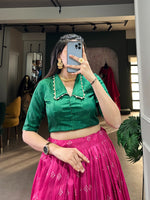 Load image into Gallery viewer, Dark Pink With Green Color Dola Silk Langa Voni , Dhavani Set With Price and Online Shopping Price Under 2000 . This Fabric Lehenga Kalamkari Print With Zari Weaving Broder and Pure Cotton Lining and Fair 3.50 Meter , This Fabric Rani Pink Dola Silk Dhavani Set near me and Traditional Dhavani Set , Traditional Look For 2024-25 , 2025-26 . 
