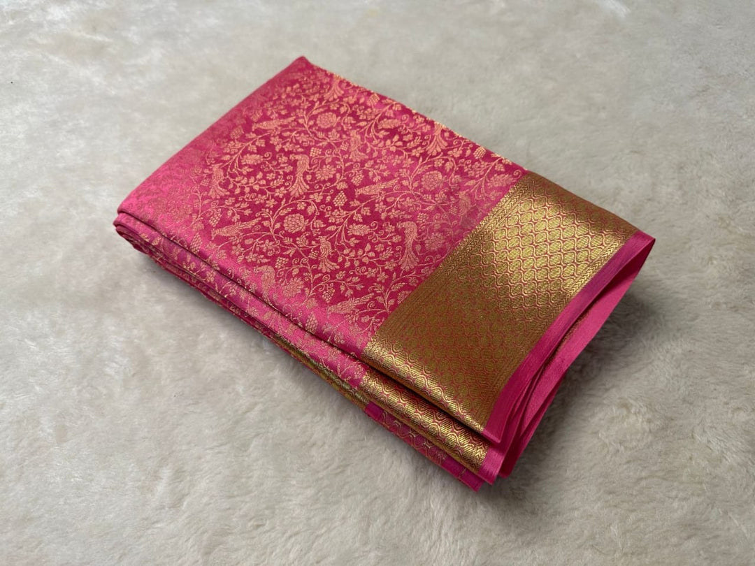 Dark Pink Mysore Silk Sarees with Price and Online Shopping Price Under 1500 . This Fabric Most Softness and Smooth Mysore Silk Saree . This Fabric Mysore Silk Saree With Fully Gold Zari Weaving Work and Most Unique Design For Model and Border Small Design Fully Authentic Saree . 