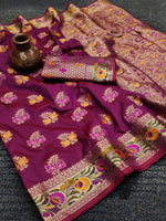 Load image into Gallery viewer, Dark Pink Or Rani Color Soft Silk Saree With Zari Weaving Work Price and  Online Shopping Price Under 1500 , this Fabric Dark pink and Rani Color Best For Weddings Wear Collection and This Saree Heavy Border Flower Design and Heavy Work and Zari Weaving Work and Meenakari design , Traditional Look For 2024-25 . 
