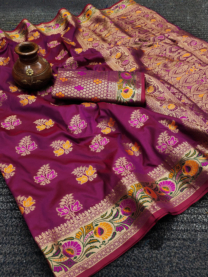 Dark Pink Or Rani Color Soft Silk Saree With Zari Weaving Work Price and  Online Shopping Price Under 1500 , this Fabric Dark pink and Rani Color Best For Weddings Wear Collection and This Saree Heavy Border Flower Design and Heavy Work and Zari Weaving Work and Meenakari design , Traditional Look For 2024-25 . 