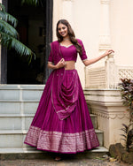 Load image into Gallery viewer, Beautiful Crafted Dark Pink Pure Chanderi Dhavani Set with Price and Online Shopping Best Price Under 2000 . This Fabric Chande
Pure Soft and Lehnga Crafted Border Rich Design and Dupatta Red Combination Design Most Authentic Langa Voni , Davani Set .
