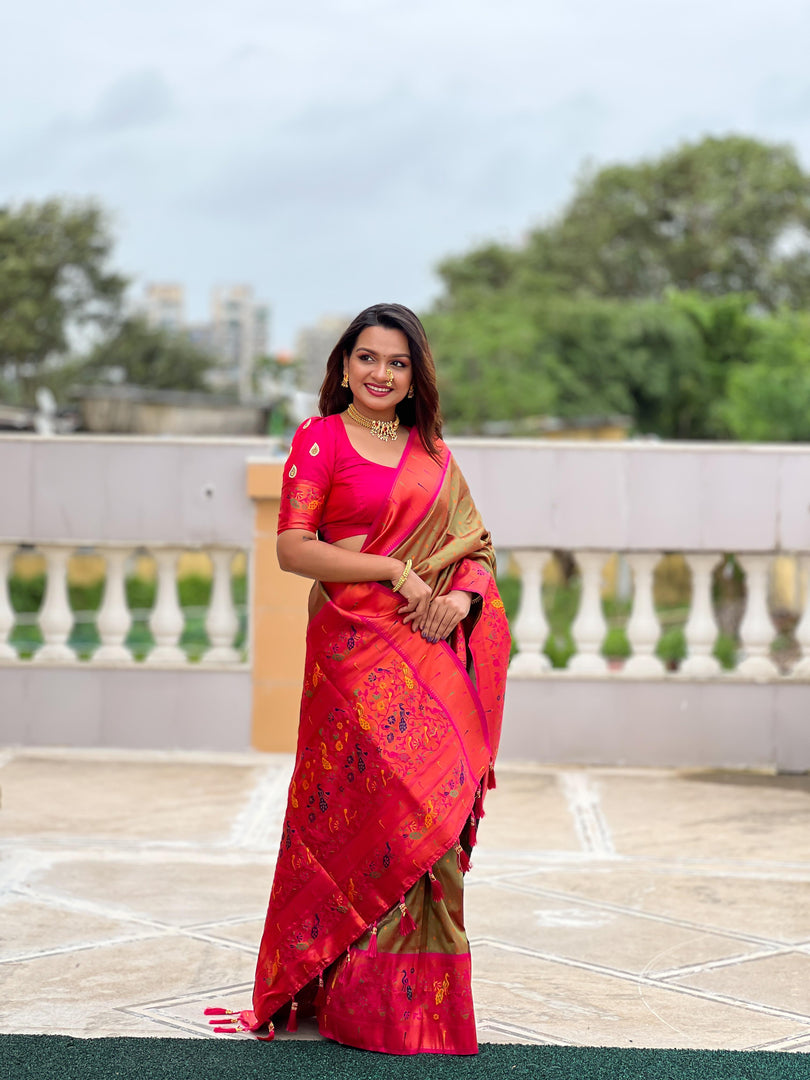 Dark Pink Rani Soft Paithani Silk Sarees With Price and Online Shopping Price Under 2000 . this Fabric Soft Premium Fabric and Jumka Pink and Rani With Brown Contract Combination Best Zari Weaving Work .  