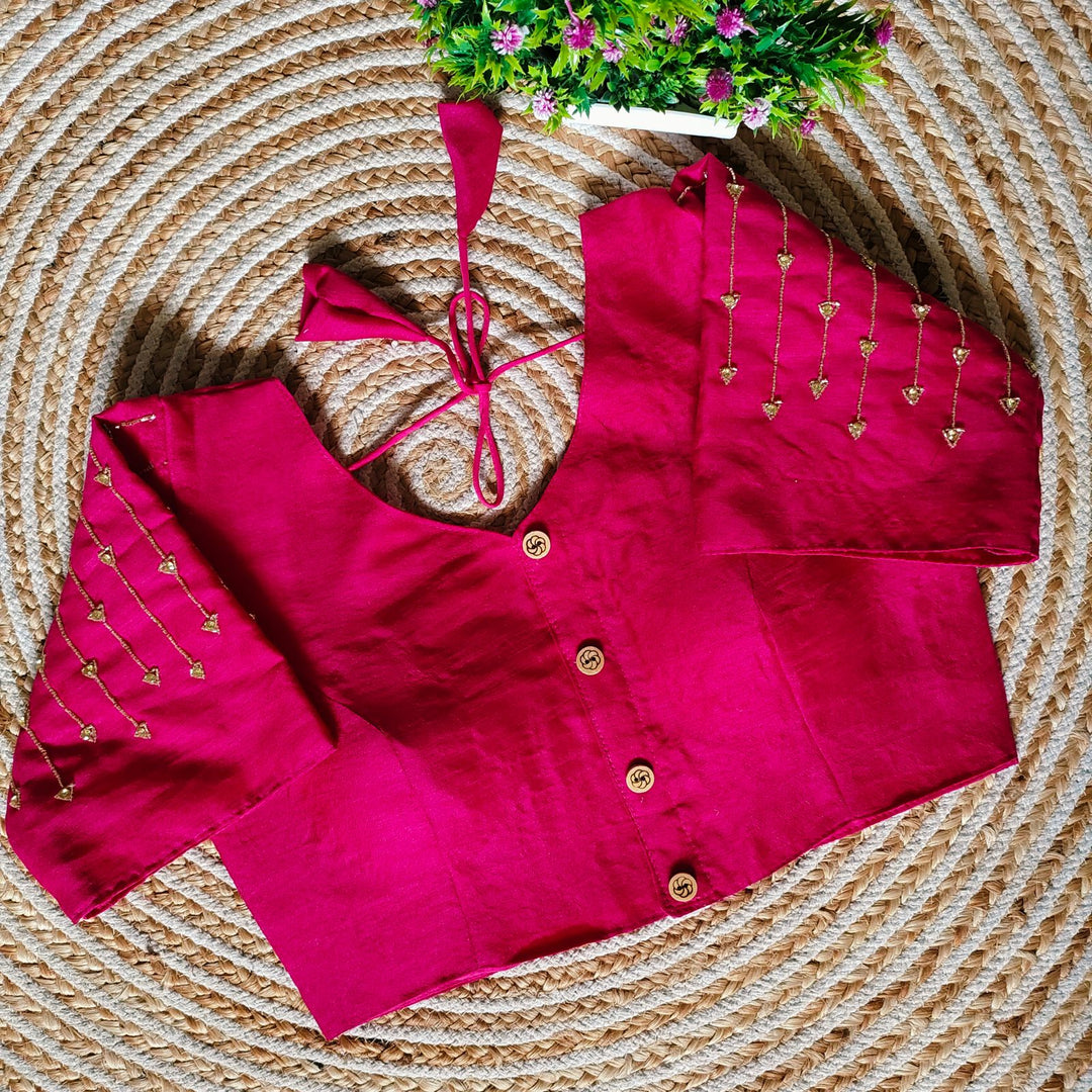 Dark Pink Resham Silk Stitched Blouse With Price and Online Shopping Price Under 1000 . this Stitched Blouse Sleeve 10 Inches and Best For Weddings Wear Collection . this Fabric Resham Silk Fabric Pure and Silky Fabric Dark pink Color Embroidery work  . 