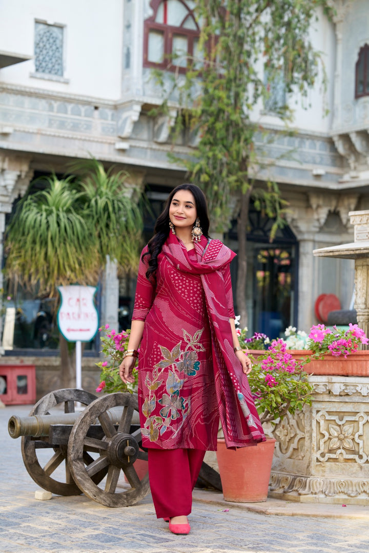 Dark Pink Roman Silk Kurti Floral Print , Bottom ( Pent ) Plain and Dupatta Printed Work Price and Online Shopping Price Under 2000 , This Fabric Dark Pink Roman Silk Kurti For Weddings Wear Collection Best Price 2000 , Traditional Look For 2024-25 , 2025-26 .