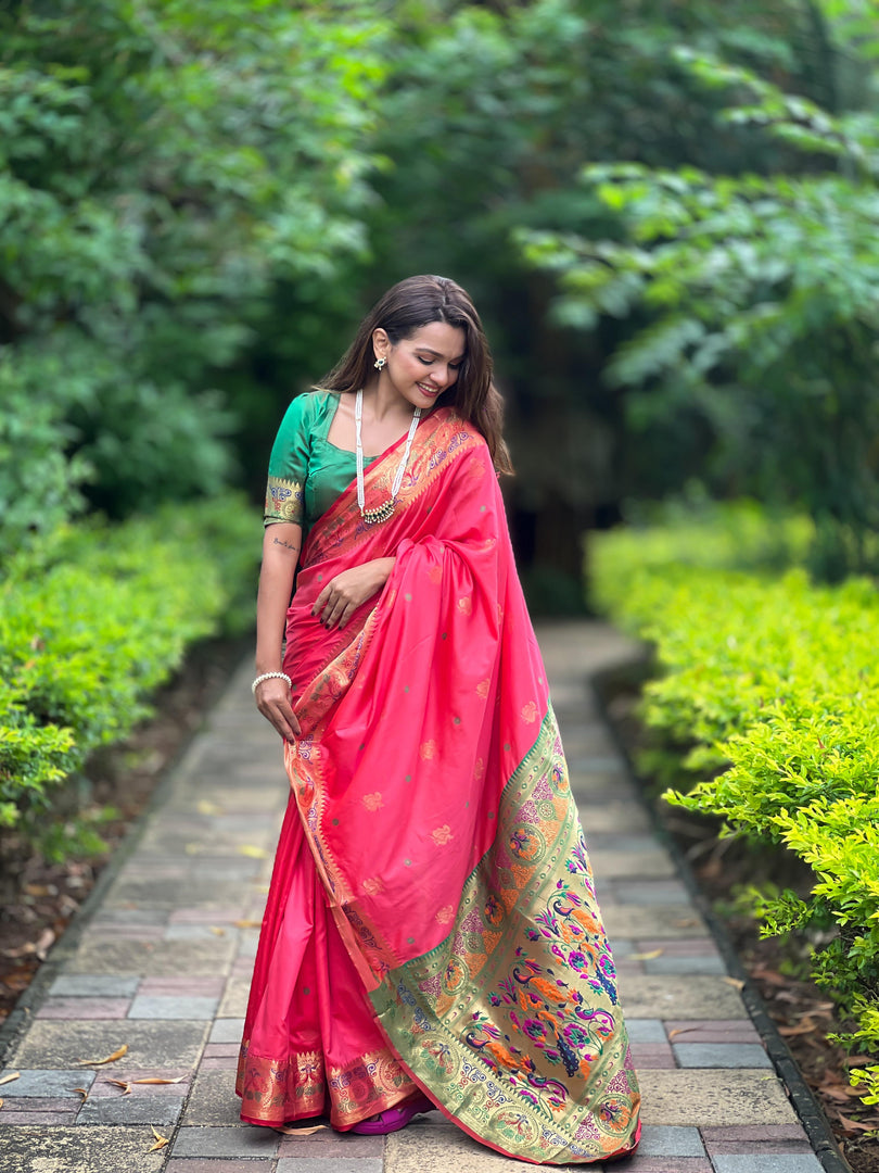 Dark Pink Soft Paithani Silk Sarees With Price and Online Best Shopping Price Under 2000 . this Fabric Rich Pallu and Best Memories Design and Green Blouse Combined Design Color Look and authentic.