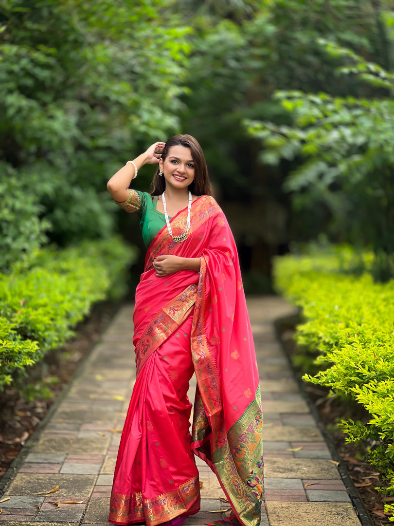 Dark Pink Soft Paithani Silk Sarees With Price and Online Best Shopping Price Under 2000 . this Fabric Rich Pallu and Best Memories Design and Green Blouse Combined Design Color Look and authentic.