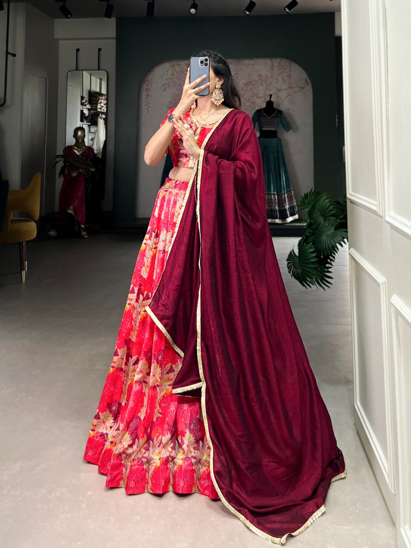 Pure Dark Pink Tussar Silk Dhavani Set | Langa Voni | Davani Set | Half-Sarees Price and Online Shopping Price Under 2000 . This Fabric Dark Pink Tussar Silk Langa Voni and Dhavani Set For Best Weddings Wear Collection Best Price Under 2000 . This Lehenga Best For Fabric So Heavy and Printed Work  and Blouse stitched and Printed With Lace Touch Up and Dupatta Fabric Vichitra Silk and This Worked Plain With Sequins Lace Border , Traditional look For 2024-25 , 2025-26 . 