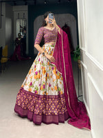Load image into Gallery viewer, Pure Dark Pink Tussar Silk Dhavani Set | Langa Voni | Davani Set | Half-Sarees Price and Online Shopping Price Under 2000 . This Fabric Dark Pink Tussar Silk Langa Voni and Dhavani Set For Best Weddings Wear Collection Best Price Under 2000 . This Lehenga Best For Fabric So Heavy and Floral And Patola Print With Foil Work and Blouse Unstitched and Patola Print With Foil Work and Dupatta Fabric Chiffon and This Worked Bandhej Print With Lace Border , Traditional look For 2024-25 , 2025-26 . 

