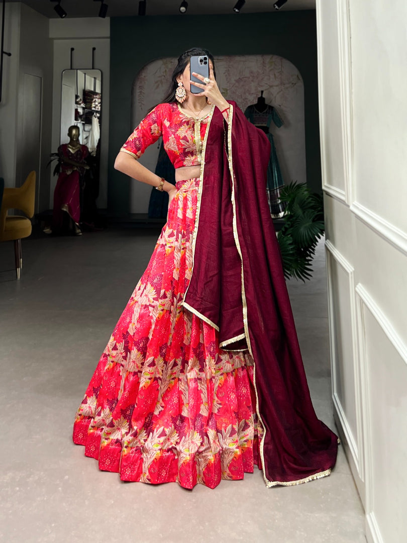 Rekha Tussar Silk Dark Pink Dhavani Set | Langa Davani Set | Shoppers Trend