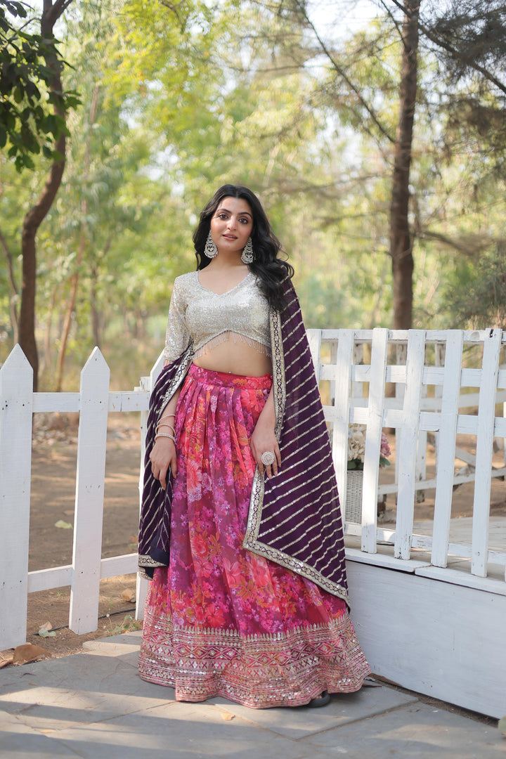 Dark Pink With White and Dark Rani Faux Georgette Dhavani Set , Langa Voni , Davani Set and Half-Saree With Price and Online Shopping Price Under 3000 . Full-stitched lehenga with digital print, cotton inner, and 3.5-meter flair. Paired with an unstitched blouse and embroidered dupatta for a complete look.