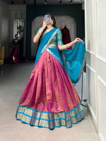 Load image into Gallery viewer, Dark Pink and Light Blue Kanchipuram Half-Saree and Dhavani Set and Davani Set Price and Online Shopping Price Under 2000 . 
