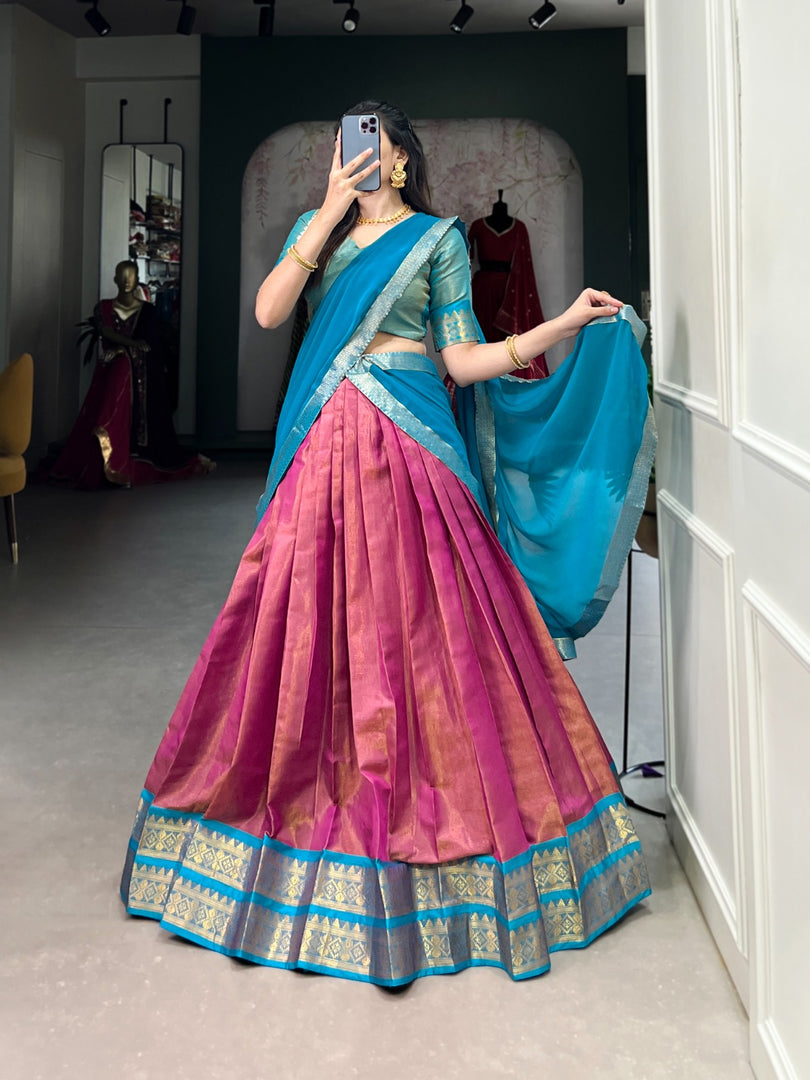 Dark Pink and Light Blue Kanchipuram Half-Saree and Dhavani Set and Davani Set Price and Online Shopping Price Under 2000 . 
