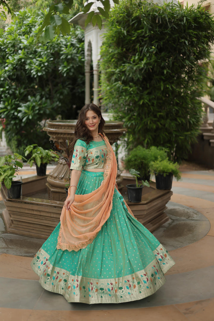 Dark Pista Cosmos Jacquard Dhavani Set , Davani Set , Half-Saree and Langa Voni With Price and Online Shopping Enhance your festive wardrobe with the Cosmos Jacquard Meena Weaving Lehenga Set. Featuring a stitched lehenga with can , a Russian silk embroidered dupatta, and unstitched blouse, available in Lavender and Pista hues.