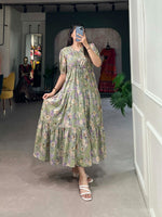 Load image into Gallery viewer, Dark Pista Georgette Frock - Floral Print Dresses With Price and Online Shopping Price Under 1000 . Upgrade your wardrobe with this stylish Georgette frock. Floral print, 3-meter flair, full micro cotton lining, and adjustable fit for your comfort.
