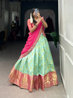Load image into Gallery viewer, Dark Pista Jacquard Silk Dhavani Set | Davani Set , Langa Voni and Half-Saree With Price and Online Shopping Price Under 2000 . this fabric Fully Stiched and Gold Zari Weaving Work . The Fabrice Pink Dupatta and Traditional Look For 2024-25 . 
