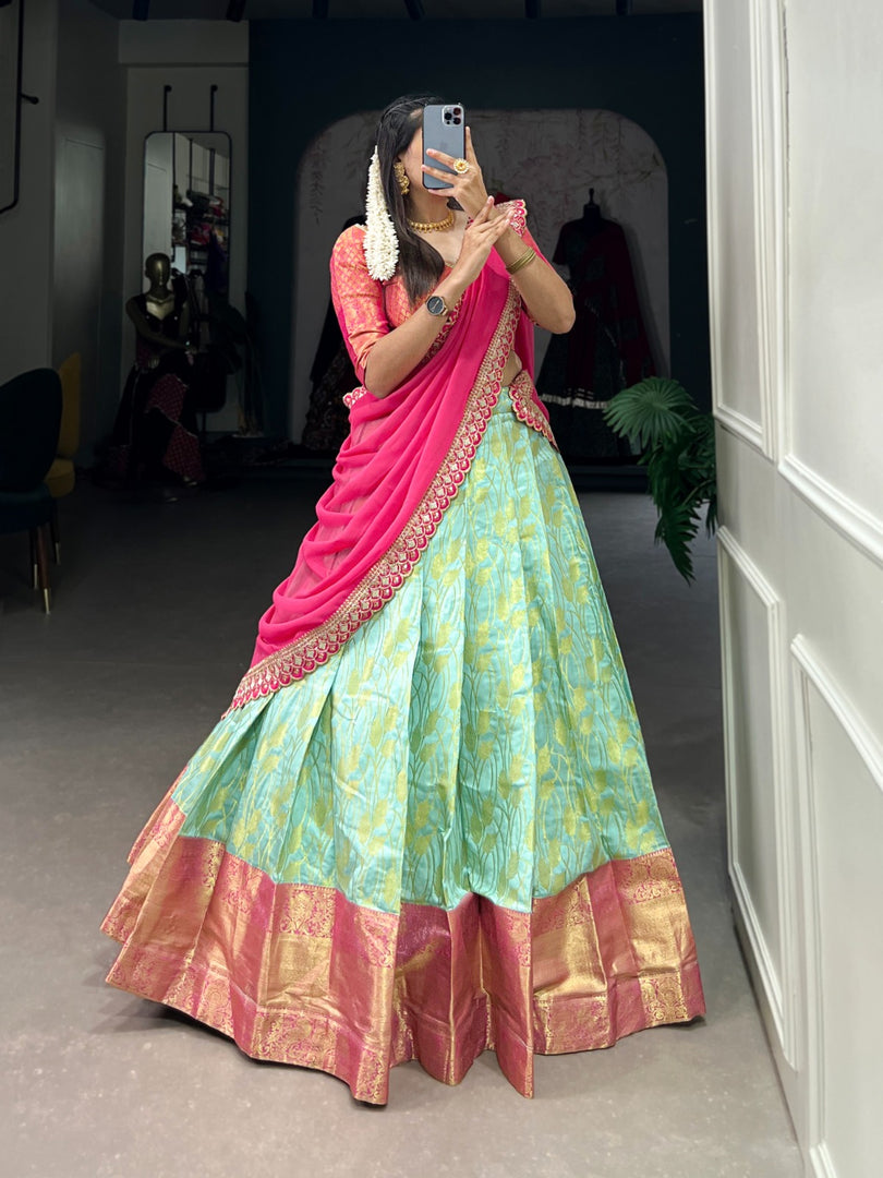 Dark Pista Jacquard Silk Dhavani Set | Davani Set , Langa Voni and Half-Saree With Price and Online Shopping Price Under 2000 . this fabric Fully Stiched and Gold Zari Weaving Work . The Fabrice Pink Dupatta and Traditional Look For 2024-25 . 