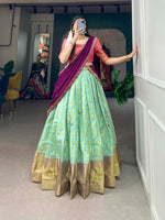 Load image into Gallery viewer, Dark Pista Jacquard Silk Dhavani | Langa Voni | Dark Pista and Half-Saree With Price and Online Shopping Price Under 2000 . this Fabric Rich and Soft Premium fabric and Border Pattu Fully Zari Weaving Work and Dark pink Blouse and Dark Rani Dupatta Fully Any Occasions Collection Wear Dhavani Set . 
