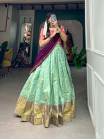 Load image into Gallery viewer, Beautiful Crafted Dark Pista Jacquard Silk Dhavani Set , Davani Set And Langa Voni with Price and Online Shopping Best Price Under 2000 . This Fabric Jacquard Silk Soft and Lehnga Crafted Border Rich Design and Dupatta Red Combination Design Most Authentic Davani Set , Langa Voni . 
