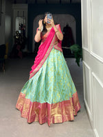 Load image into Gallery viewer, Pre-stitched jacquard silk lehenga and blouse with zari work, paired with sequin-embroidered georgette dupatta featuring decorative lace border.

