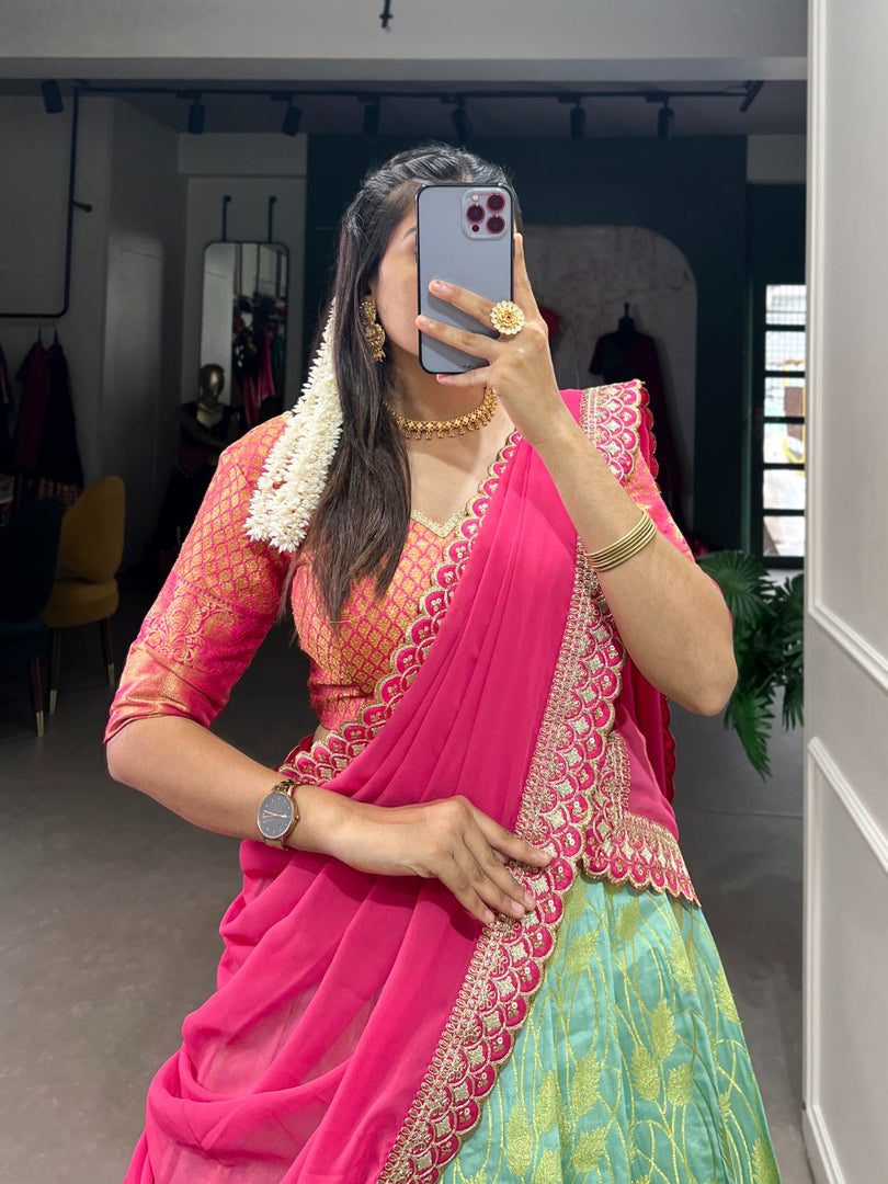 Complete Dhavani Set featuring stitched jacquard silk lehenga with zari work, matching stitched blouse with lace details, and georgette dupatta adorned with sequins, embroidery, and lace border.