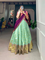 Load image into Gallery viewer, Dark Pista Jacquard Silk Dhavani Set | Langa Voni | Half-Saree , Heavy zari Weaving Work and Weddings Wear Dhavani Set - Shop ow at Shoppers Trend .
