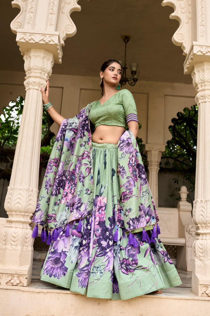 ✨ Step Into Elegance With This Beautifully Designed Tussar Silk Lehenga Set. Featuring Delicate Floral Prints, Lace Accents, And A Rich Dupatta, This Outfit Is A Must-Have For Weddings, Festive Celebrations, And Grand Occasions.