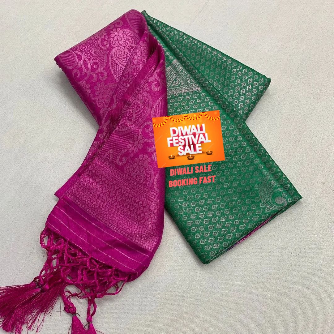 Dark Pista Soft Silk Saree featuring zari weaving, 6.3m length. Includes matching blouse piece. Machine washable - Shop now Shoppers Trend . 