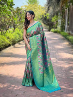 Load image into Gallery viewer, Dark Pista Soft Silk Sarees With Price with Online shopping Price under 2000 . this Fabric Soft Silk saree Premium Quality and best Fabric saree With Gold Zari Weaving Work . 

