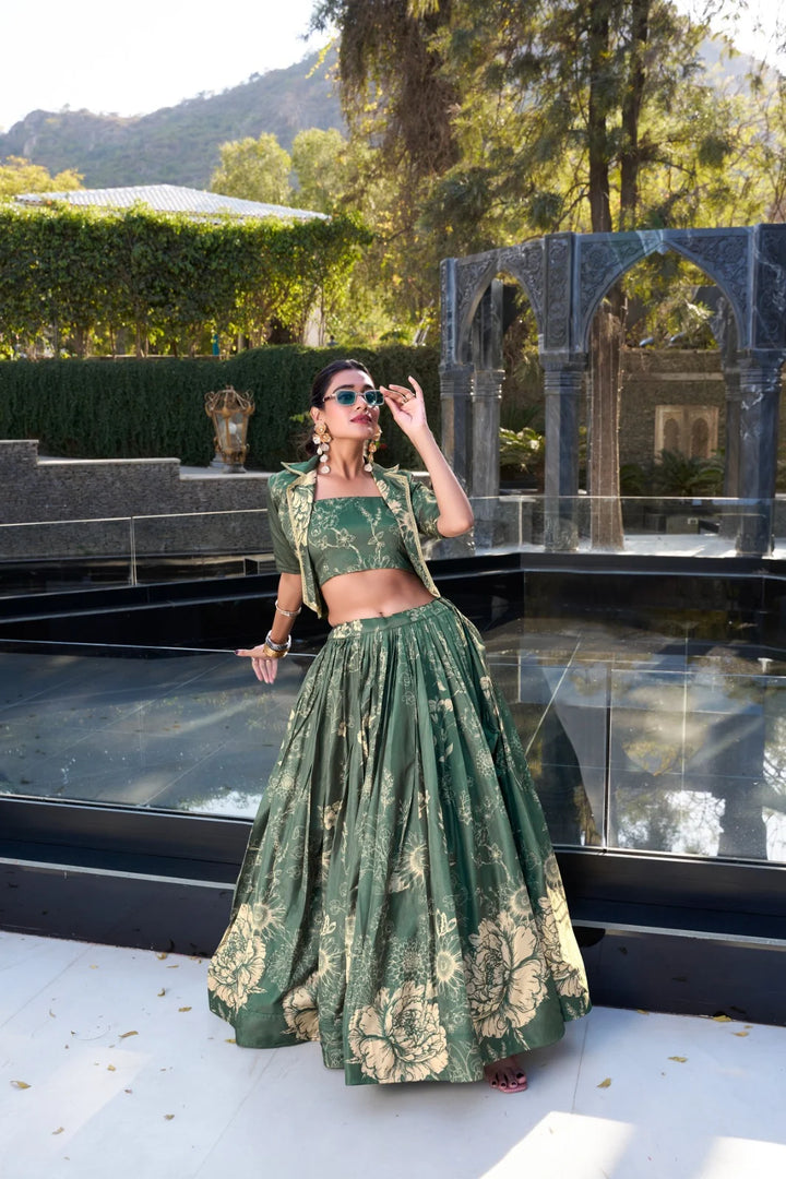 Dark Pista Color Pure Tussar Silk Dhavani Set , Langa Voni ,  Weddings Special Best Wear Collection Price and Online shopping Price Under 2000 . This Fabric So Heavy and Lehenga Tussar Silk Fair 3.50 Meter and Work Floral Print , Kotti Floral Print With Lace Touch Up , This Fabric Traditional Look For 2024-25 , 2025-26 .  