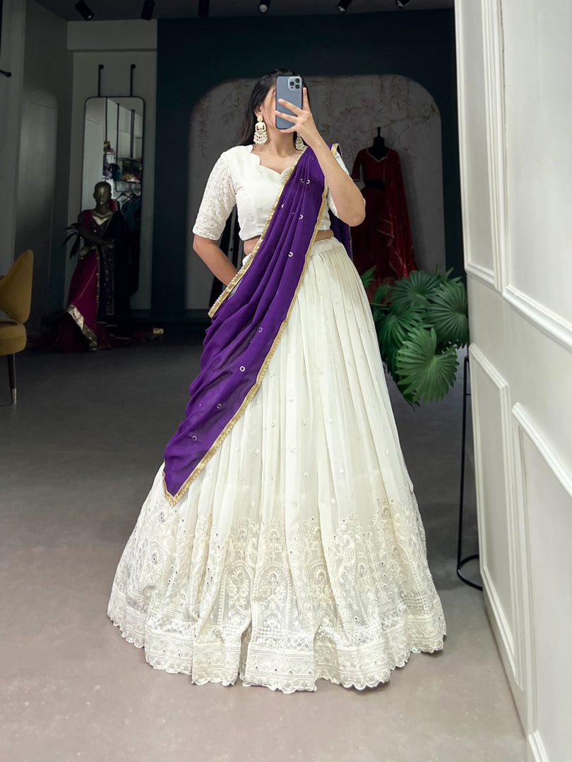 White Color Georgette Dhavani Set | Langa Davani Set | Half-Saree , Purple Color Dupatta with White Lehenga Dhavani Set ,Royal purple georgette lehenga with mirror and thread embroidery , Purple mirror work lehenga with sequins embroidered dupatta.