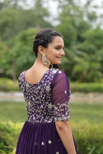 Load image into Gallery viewer, Dark Purple Color Faux Blooming Gowns best premium Faux Blooming Gown , Dark purple flair gown for twirl-worthy moments , 
Ethnic wear gown in luxurious purple shade , Trendy dark purple gown with elegant finish . 
