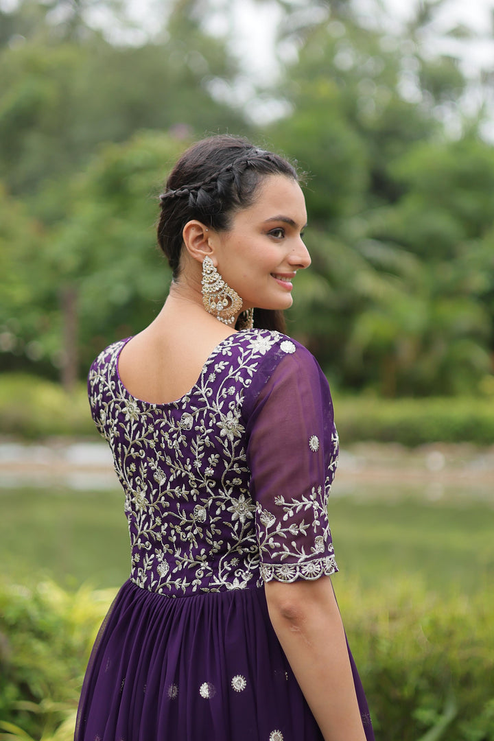 Dark Purple Color Faux Blooming Gowns best premium Faux Blooming Gown , Dark purple flair gown for twirl-worthy moments , 
Ethnic wear gown in luxurious purple shade , Trendy dark purple gown with elegant finish . 
