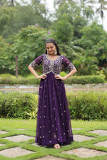 Load image into Gallery viewer, Premium sequin embroidered purple gown , Stylish dark purple gown with cotton comfort , Glamorous purple round neck gown for events , Dark purple flair gown for twirl-worthy moments . 

