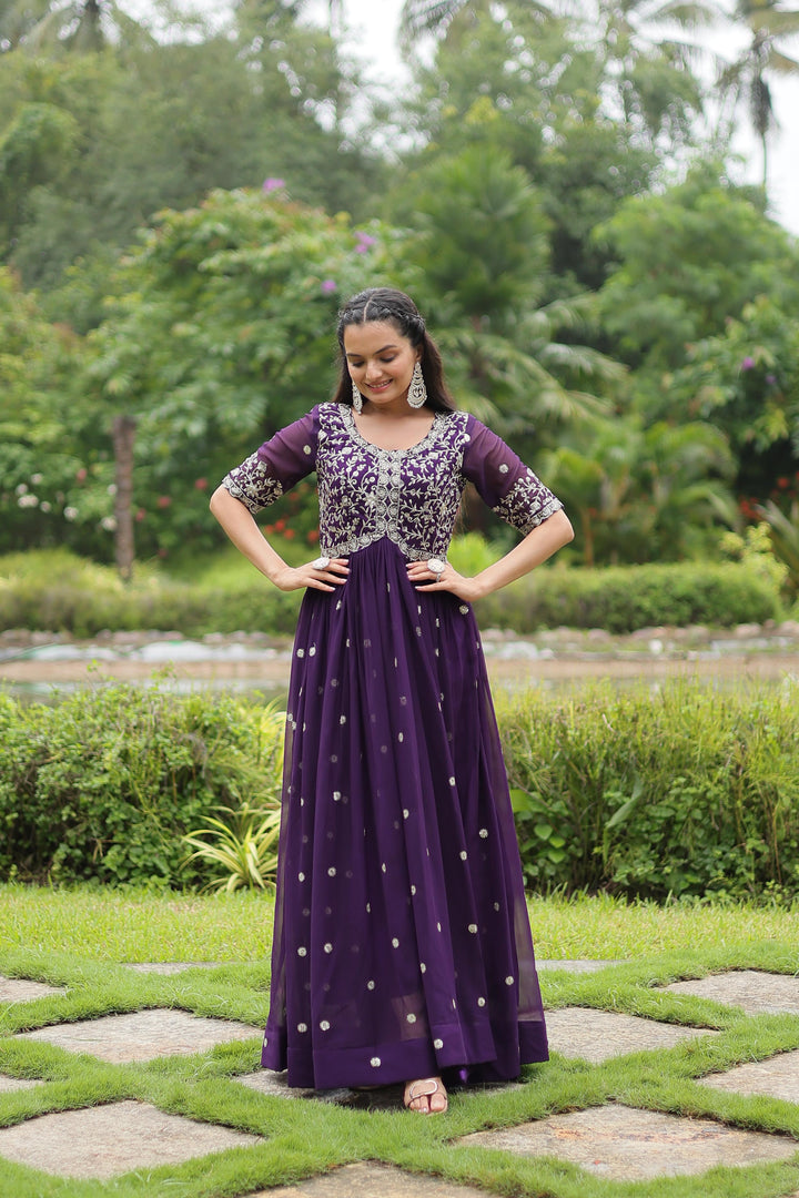 Premium sequin embroidered purple gown , Stylish dark purple gown with cotton comfort , Glamorous purple round neck gown for events , Dark purple flair gown for twirl-worthy moments . 