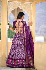 Load image into Gallery viewer, Dark Purple Color with Purple Color Pure Tussar Silk Dhavani Set and Half_Saree Price and Online Price Under 1599 . Partywear purple lehenga set for festive events , Purple foil print lehenga with drawstring and zip closure.
