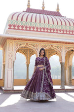 Load image into Gallery viewer, Royal Wine lehenga in viscose jacquard with embroidered sequins , Elegant Wine colored lehenga with faux blooming dupatta , Shop premium Wine lehenga for weddings and parties , Wine lehenga with cotton inner and luxurious finish - Shop Now at Shoppers Trend.
