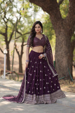 Load image into Gallery viewer, Dark Purple or Wine Faux Blooming Dhavani Set | Davani Set | Lanaga Voni | Wine Lehenga | Weddings Wear Dhavani Set | Shoppers Trend
