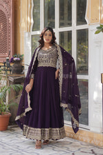 Load image into Gallery viewer, Dark Purple Ethnic Gown , Royal Purple Zari Embroidered Gown , Dark Purple Festive Gown , Party Wear Purple Gown with Dupatta , 
Elegant Dark Purple Anarkali Gown
