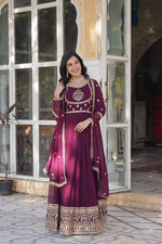 Load image into Gallery viewer, Buy Embroidered Gown Online , Wedding and Party Wear Gown . Luxury Embroidered Gown for Weddings , Premium Georgette Long Gown with Embroidery and Bridal Reception Gown with Dupatta Price Under 2500 . 
