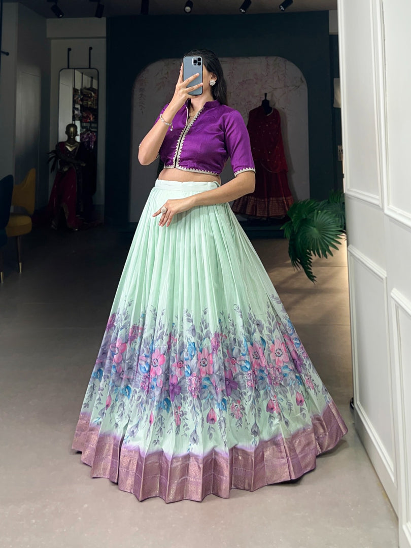 Dark Rani Cotton Silk Dhavani Set , Langa Voni and  Davani Set With Price and Online Shopping Price Under 2000. this Fabric Cotton Silk Dhavani Set Floral Print With Zari Border and This Fabric Lehnga Stiched  Stitch With Canvas Joint .