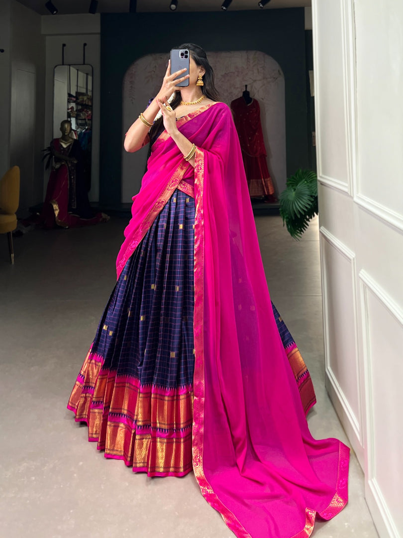 Dark Rani Cotton Silk Dhavani Set , Langa Voni With Price and Online Shopping Price Under 1500 . this Fabric Cotton Silk Dhavani Set Zari Border and This Fabric Lehnga Stitching Stitch With Canvas Joint . This Fabric Dark Rani and Rani  Contract  most Unique and Zari Weaving Work . 