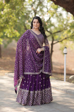 Load image into Gallery viewer, Dark Rani Faux Blooming Dhavani Set , Langa Voni , Half-Saree and Davani Sets With Price and Online Shopping Price Under 3000 . Elevate your festive look with this Faux Blooming Lehenga Set. Adorned with heavy sequins, thread embroidery, and designer lace borders, this elegant outfit is perfect for weddings and special occasions . 

